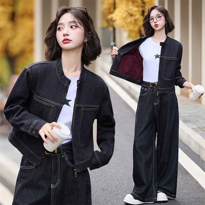 加绒牛仔短外套女秋冬季2024新款小个子加厚宽松夹克时尚上衣,女装牛仔外套,跑量工厂店