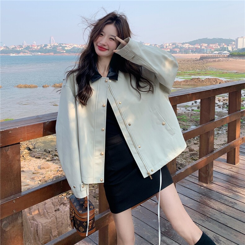 小个子休闲风松弛感撞色翻领外套女秋季2025新款韩系时尚炸街夹克,女装短外套,2C168