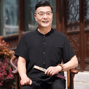 主推长年现货男高品质风中老年短袖衬衫套装中年短袖衬衫图片