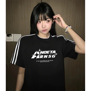 抖音得物高品质二开240克宽松纯棉美式潮牌三条杠织带短袖T恤图片