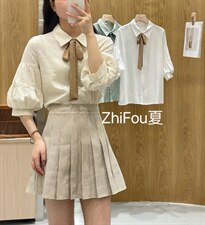 夏季新款“奶油泡芙”浅条纹撞色飘带灯笼袖小衬衣，其它，知否