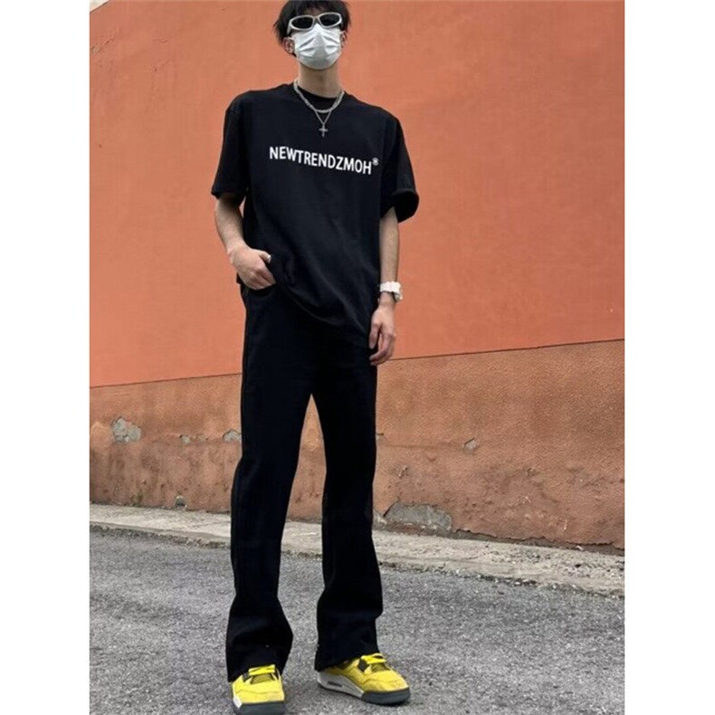 CP1160-P28美式高街纽扣开叉牛仔裤男潮流设计感微喇长裤,男装牛仔裤,电商B323A