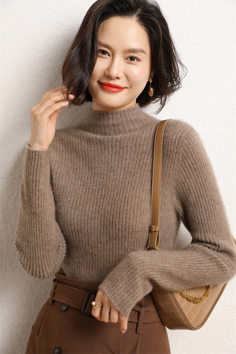 女式12针半高领抽条自由领羊绒衫35%羊绒,女装羊绒衫,尚达羊绒