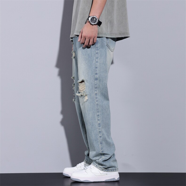 设计感破洞休闲牛仔裤男女款高街痞帅学生百搭阔腿裤DY09#-P55,男装牛仔裤,电商A178-1