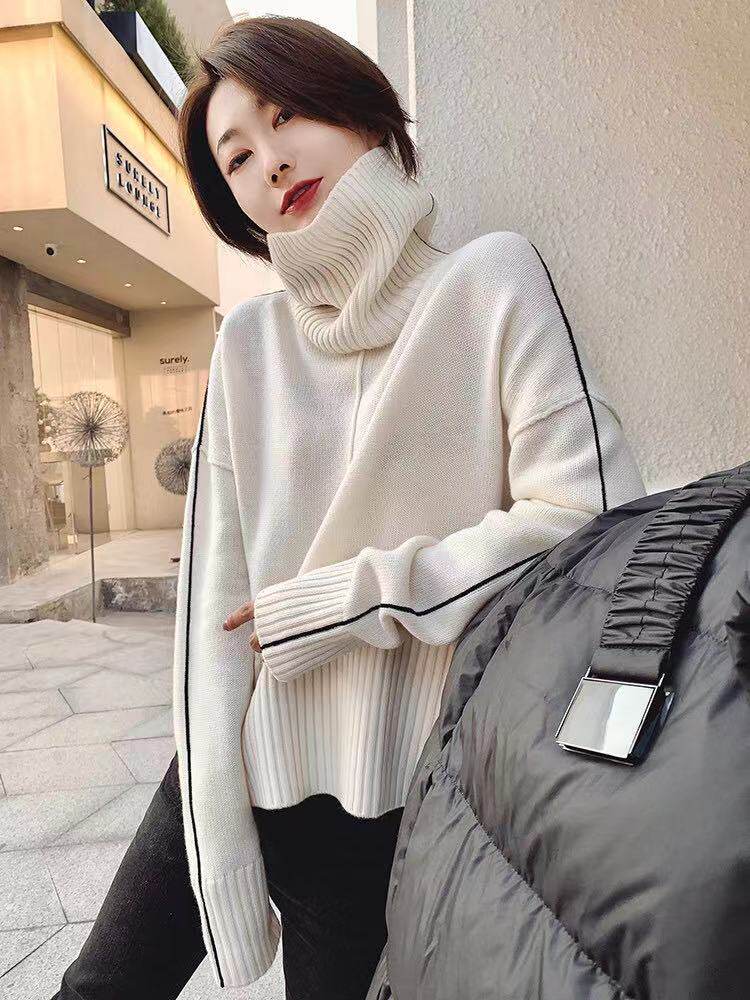 高翻领针织衫女气质慵懒风毛衣宽松厚针织，女装针织衫/毛衣，半城羊绒
