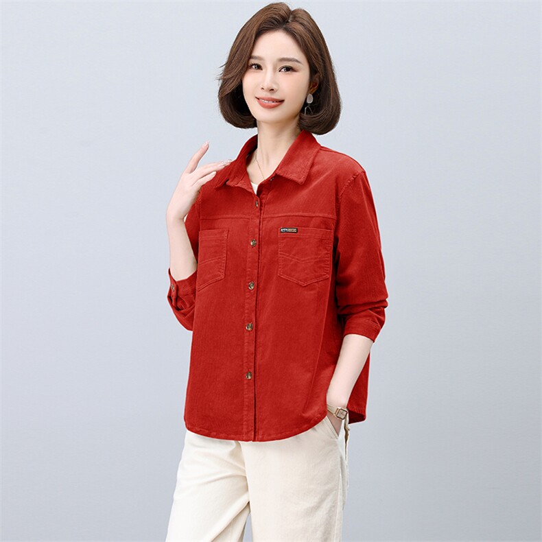 灯芯绒长袖衬衫女春秋新款大码宽松中年妈妈短款休闲衬衣外套,女装短外套,曼沙奕珂