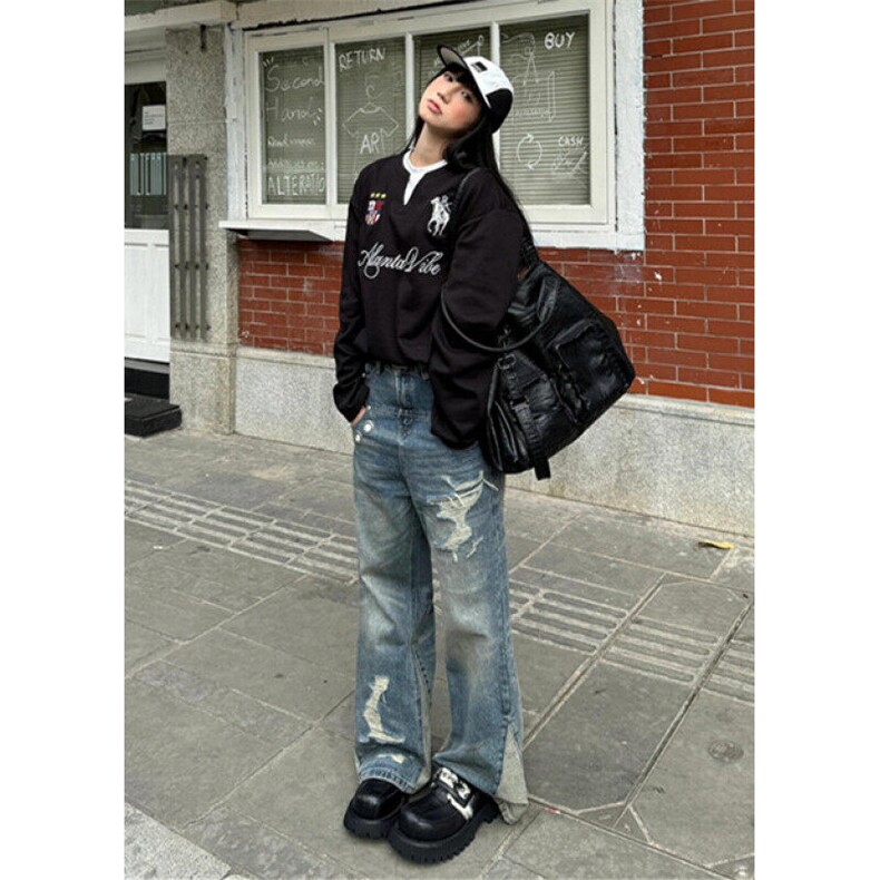 复古水洗做旧破洞拼接解构牛仔裤男宽松微喇痞帅炸街裤子N7628,男装牛仔裤,星座1116A（原606A-3）
