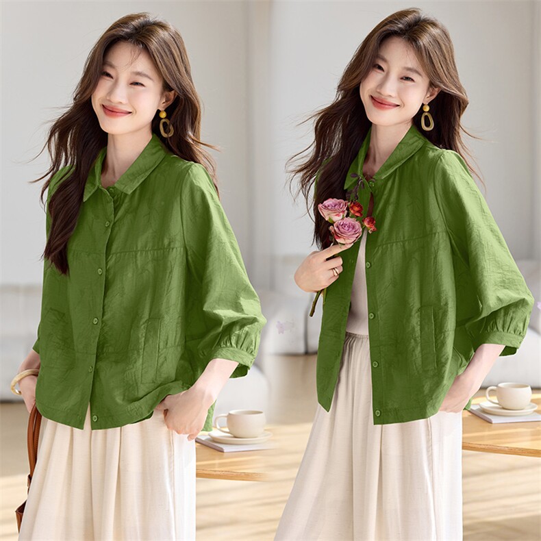 天丝宽松衬衫薄外套女2025夏新款洋气上衣气质小衫七分袖外搭衬衣，女装衬衫，简韵佳