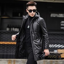 海宁修身皮衣中长款羽绒服男绵羊皮夹克男连帽外套潮P710,男装皮衣,电商B360