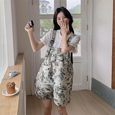 国风水墨画背带短裤套装女2025夏季新款时尚减龄小个子T恤两件套，女装套装/套裙，慧尚2-185