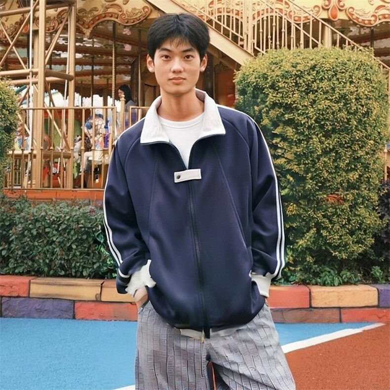 抖音得物品质秋冬美式高街重磅结构拼接织带翻领卫衣夹克外套W113，男装夹克，电商A486-1