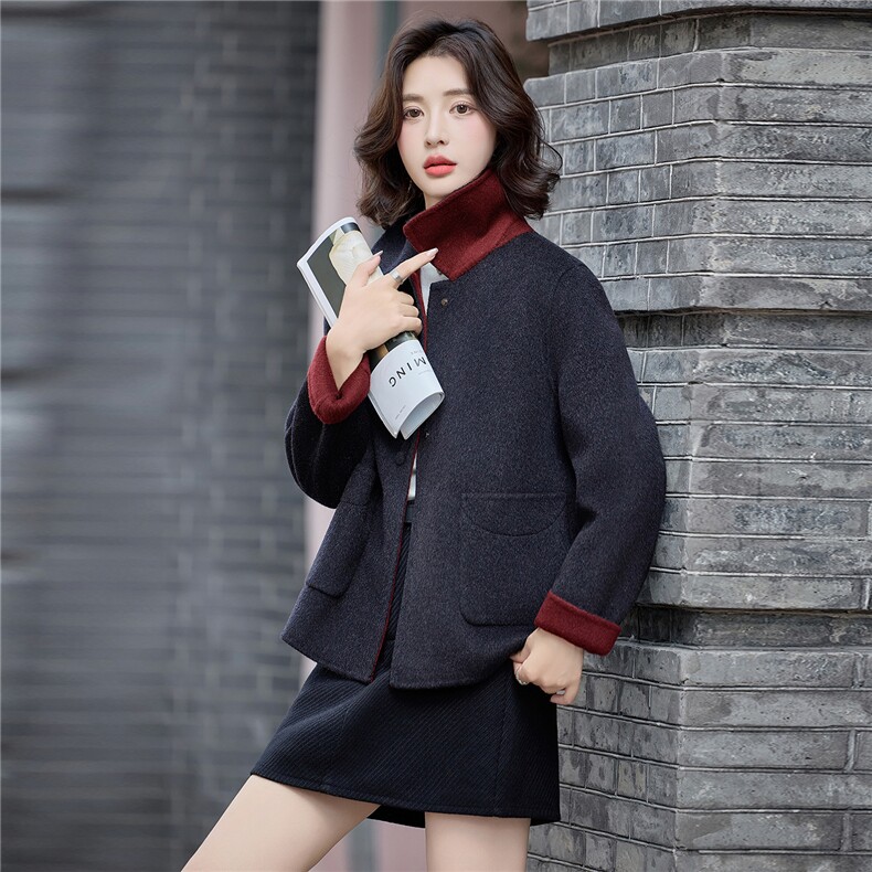 时尚撞色双面绵羊毛外套女2025秋冬新款宽松显瘦气质翻领毛呢大衣,女装双面呢大衣,沁沁公主
