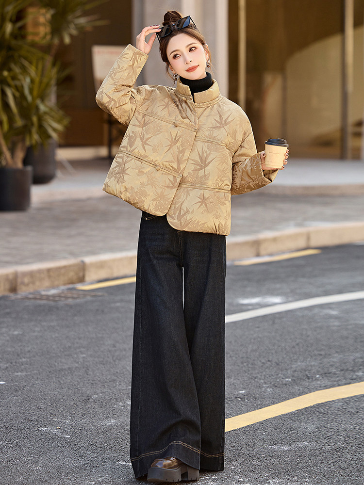 新中式国风提花短款羽绒服女2025冬季新款独特气质盘扣白鸭绒外套,女装羽绒服,橙子家