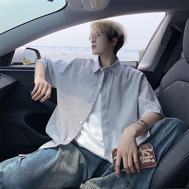 B221美式ins高街宽松薄款条纹短袖衬衫SY2552-特P28控49,男装衬衫,电商B221