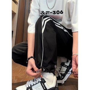新款美式复古休闲阔腿裤男女夏季轻薄速干条纹直筒运动裤K2363P58图片