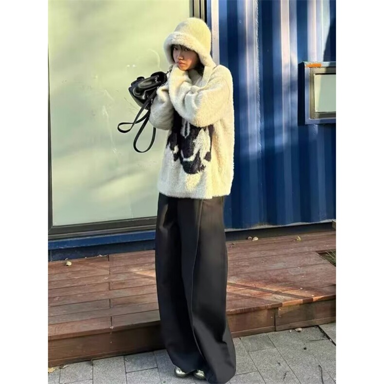 韩chic秋季复古圆领字母印花撞色宽松马海毛长袖套头针织毛衣女,男装针织衫/毛衣,星座506A