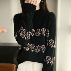 2025年秋季时尚百搭通勤简约休闲半高领亮片针织衫，女装针织衫/毛衣，郡淞羊绒