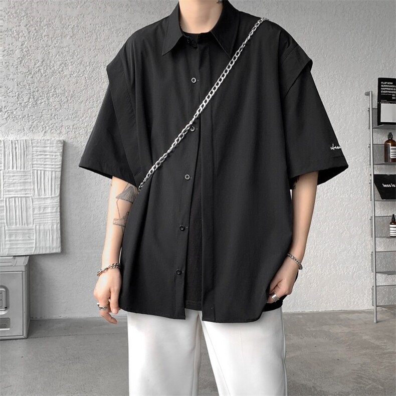 8XL-M假两件垂感冰丝短袖衬衫大码夏季凉感小众设计衬衣DC5003P55,男装衬衫,电商B238