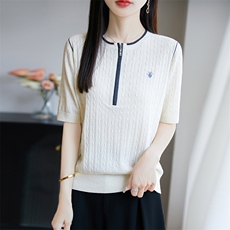 2025夏季新款精纺羊毛绞花半拉链短袖女，女装T恤，尚雪电商供货