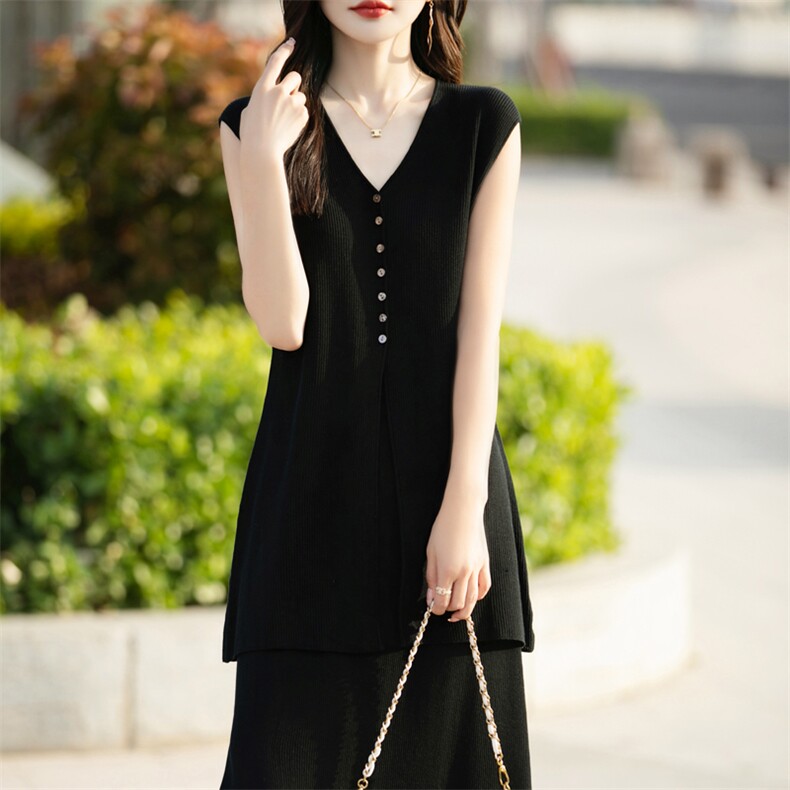 天丝中长款开叉马甲半身裙两件套女2024夏季薄款针织套装宽松裙子,女装套装/套裙,东远绒业