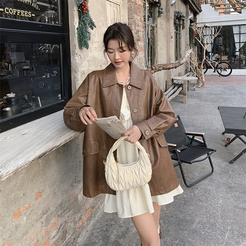 皮衣外套女中长款2025年春秋新款韩版宽松大码休闲机车服夹克上衣,女装皮衣,简古