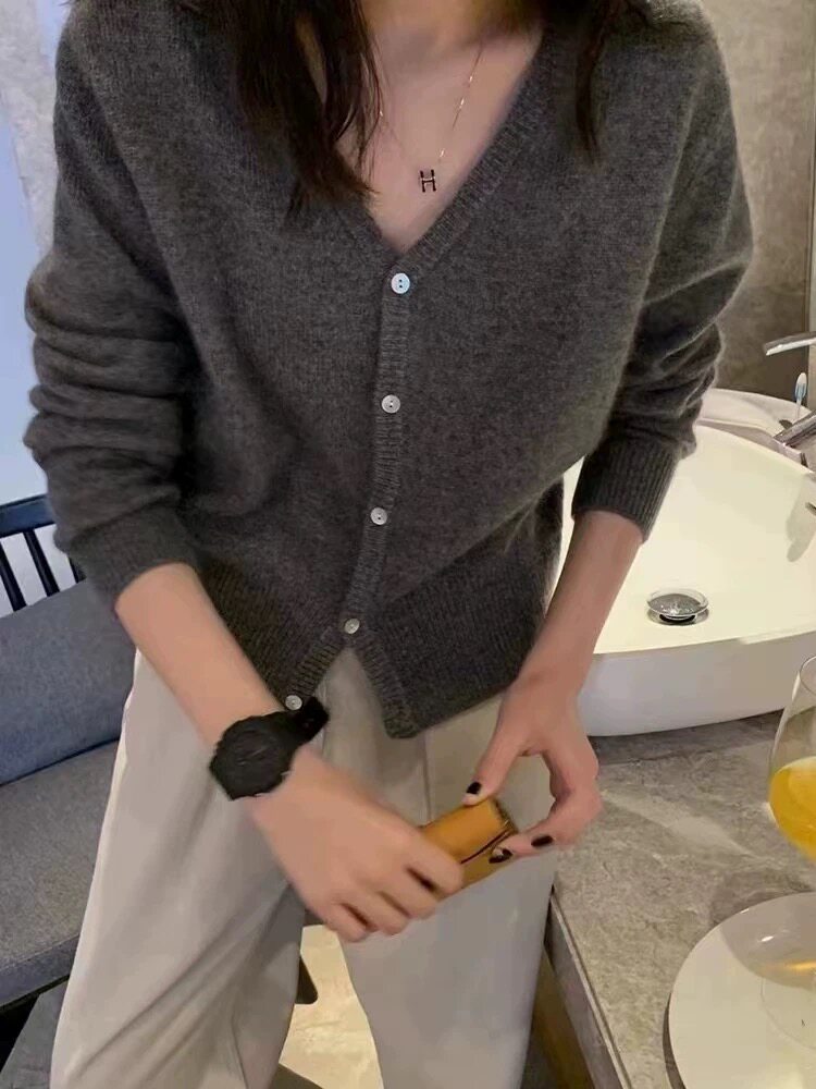 新款女装V领100&羊毛羊毛开衫长袖宽松时尚百搭上衣,针织衫/毛衣,恩泰羊绒