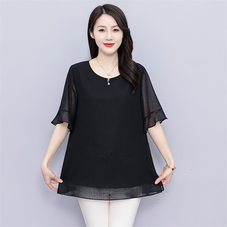 （现货）2025年夏季宽松型短款圆领上衣，女装蕾丝衫/雪纺衫，深妍伊美