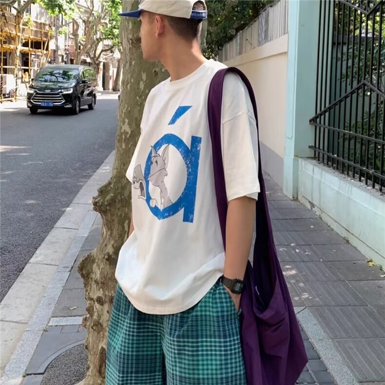 日系街头蓝格子短裤男宽松直筒夏季百搭五分裤子ins美式腿中裤,男装牛仔裤,四季星座505