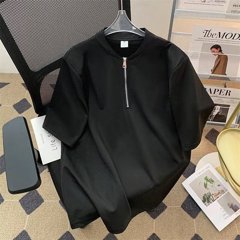 美式ins复古垫肩短袖t恤男夏季潮牌痞帅宽松百搭半拉链五分袖体恤,男装T恤,星座601-1
