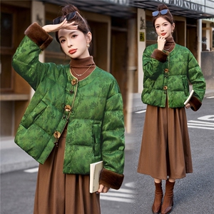 现货新中式提花羽绒服女2025冬季新款超好看拼接撞色保暖外套女图片