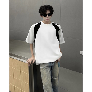 高品质二开240克重磅宽松纯棉拼接潮牌三条杠织带短袖T恤DT49图片