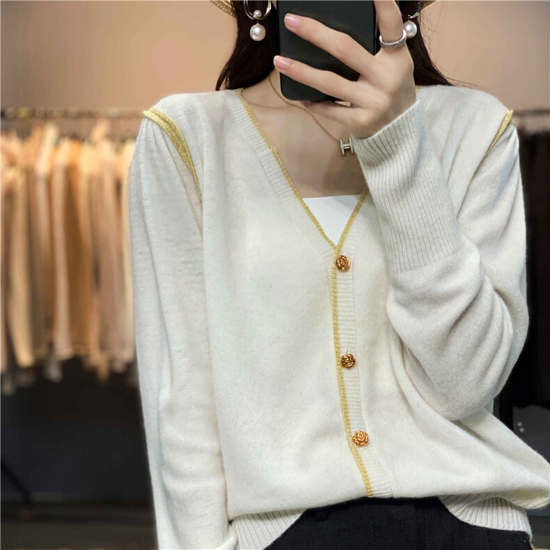 优雅气质金边羊毛开衫百搭温柔小香风V领针织衫，女装羊毛衫，圣旺供货