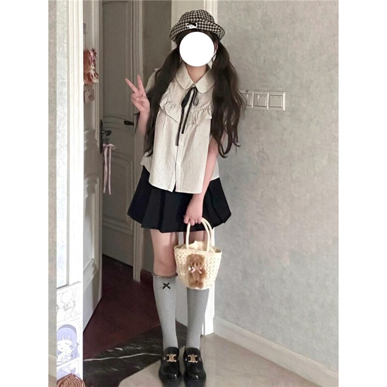 日系学院风小个子木耳边条纹衬衫女叠穿高腰百褶裙两件套,女装套装/套裙,星座506A