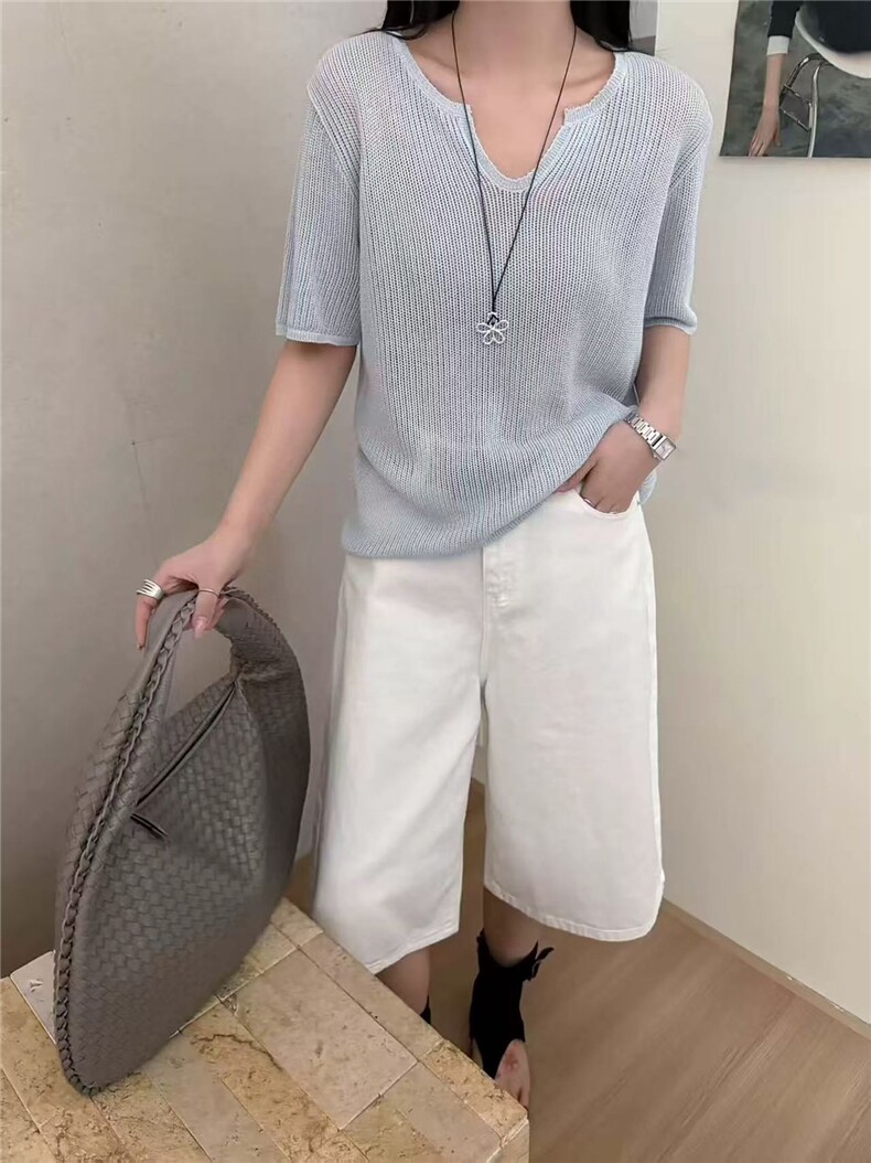2025夏春秋新款慵懒风短袖百搭V领镂空针织衫女宽松休闲显瘦上衣,女装T恤,悦玛羊绒