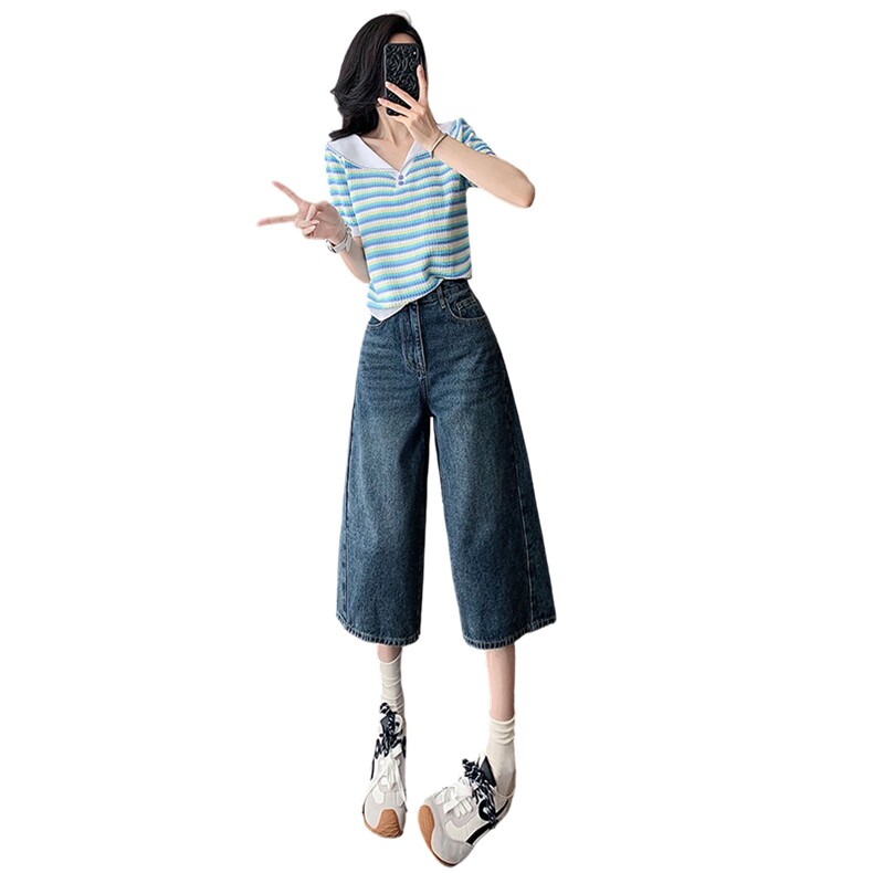 小个子时尚潮流套装女夏季洋气显瘦娃娃领条纹短袖牛仔中裤两件套,女装套装/套裙,2C310