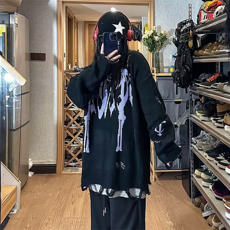 美式复古小众破洞毛衣外套男女ins潮宽松街头针织衫冬季MY540-P48图片