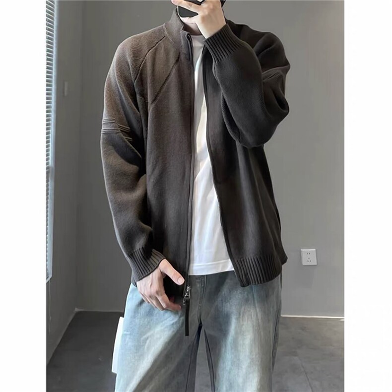M03-P55男士立领韩系双拉链针织毛衣外套秋冬季休闲宽松纯色开衫，男装针织衫/毛衣，电商D310B