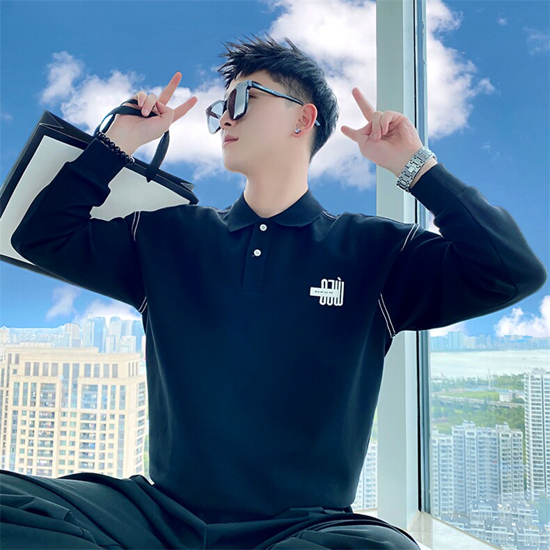 AW15/P78控108秋季社会小伙polo衫领炸街痞帅套头长袖卫衣男黑首2图片