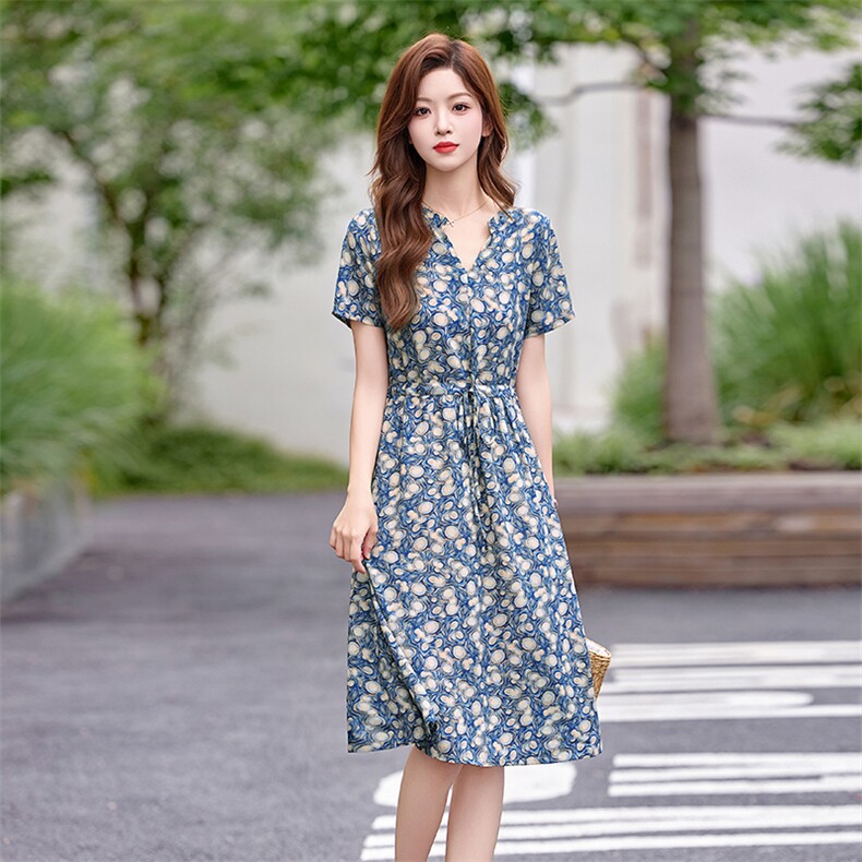 夏装新款时尚双绉印花系带连衣裙,女装连衣裙,姿衣坊