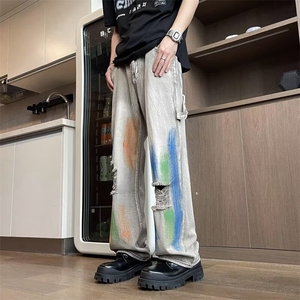 黄泥色水洗牛仔裤破洞潮ins高街男女vibe扎染裤子潮牌直筒裤AK002