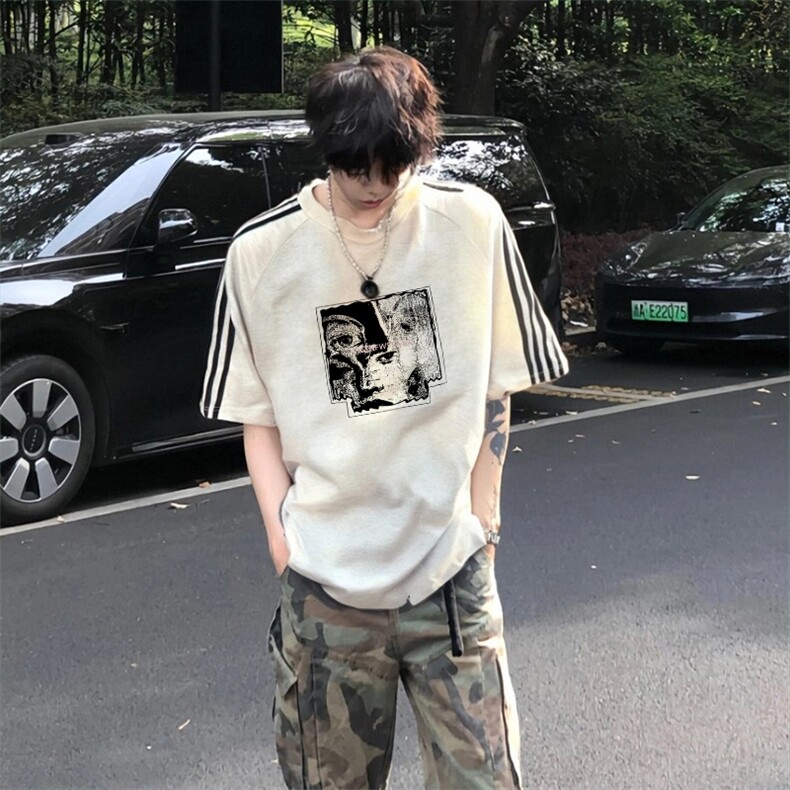 抖音得物高品质二开240克宽松纯棉美式潮牌三条杠织带短袖T恤图片
