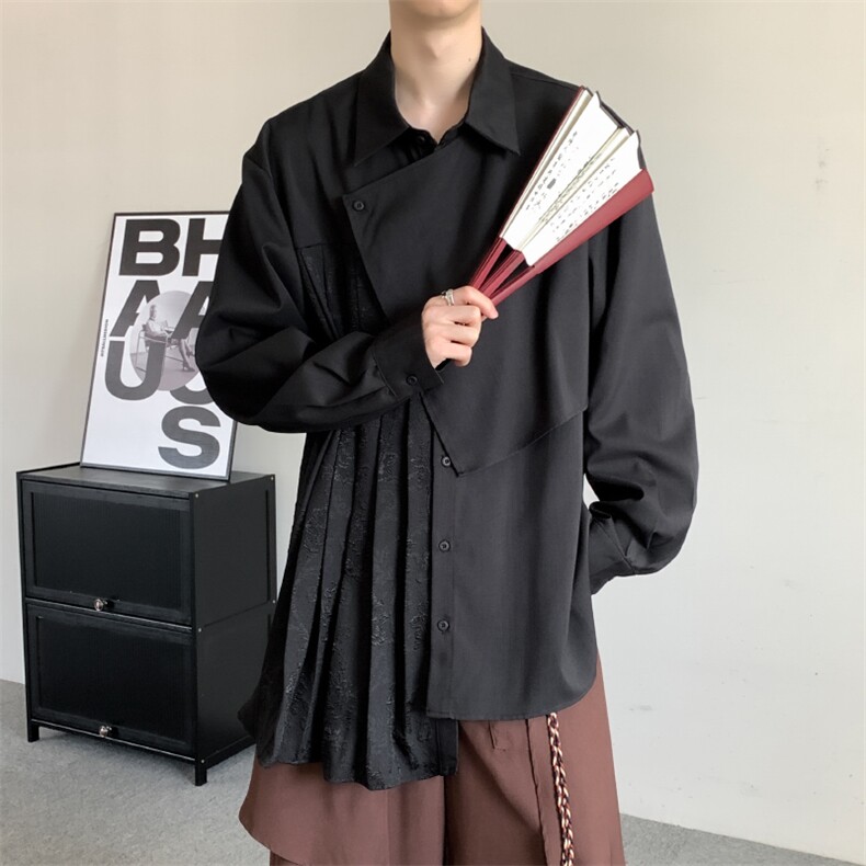 重磅高克重280g复古新中式小众山本耀司风百褶不规则拼接长袖衬衫,男装衬衫,星座909
