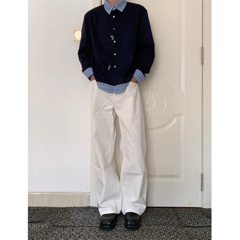 现货蓝色格子拼接翻领长袖上衣情侣款男女假两件衬衫CX03-TP45,男装衬衫,星座910A