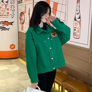 绿色牛仔短外套女港风设计感廓形时髦夹克时尚韩版小清新上衣图片
