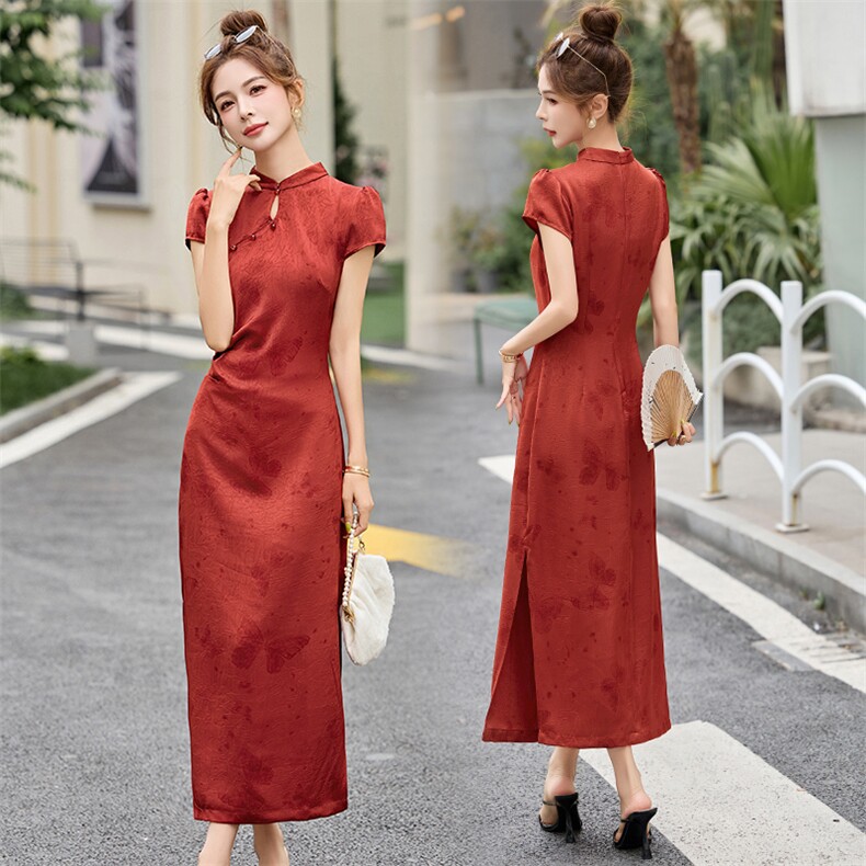 红色提花改良旗袍连衣裙女夏2025新款喜婆婆婚宴气质修身高端裙子,女装连衣裙,依如秀(原杭风阁)