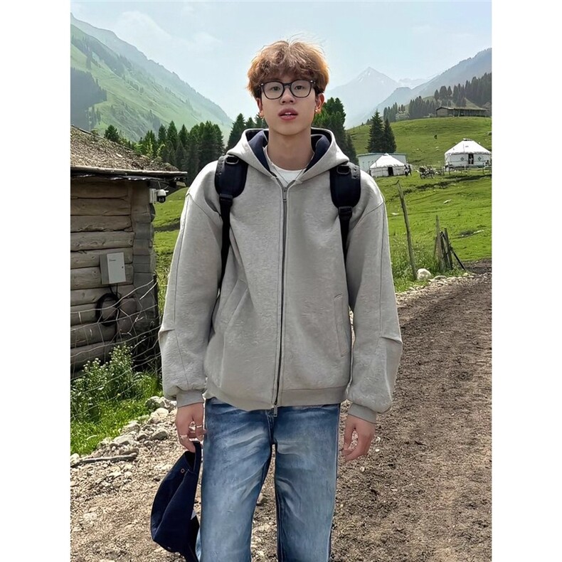 新款卫衣港风宽松简约连帽卫衣开衫男潮流帅气百搭513AKS2604P50，男装卫衣，星座513A