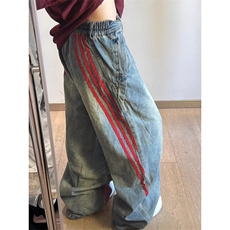 D6313-P65水洗条纹撞色阔腿牛仔裤男女同款潮牌直筒裤-网图现货，男装牛仔裤，星座603-2