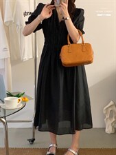 法式方领泡泡袖连衣裙夏季设计感小众温柔高级感，女装连衣裙，香丽迪1