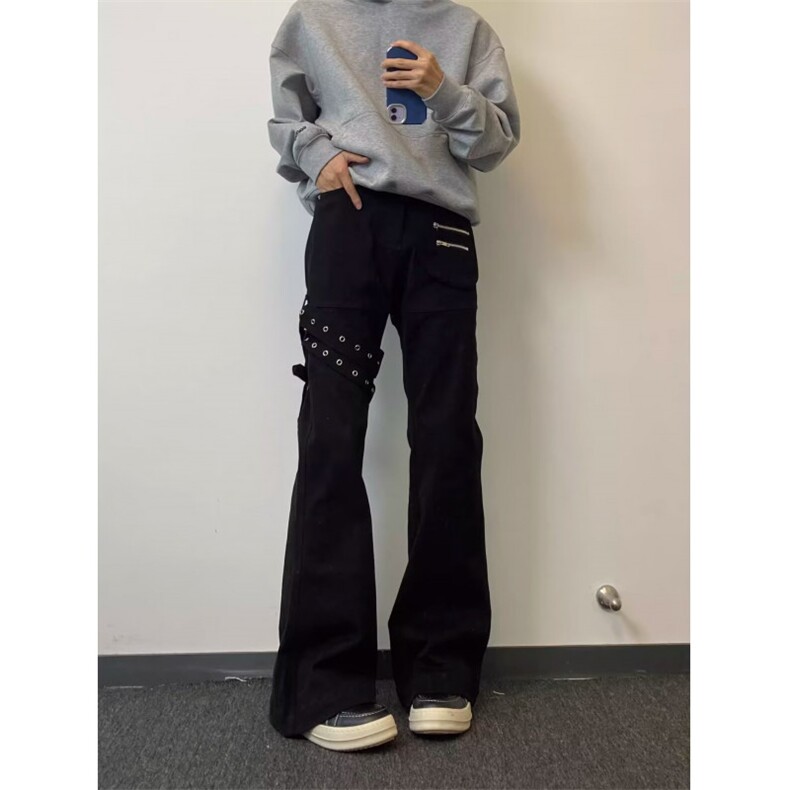 黑色vibe绑带微喇牛仔裤男cleanfit美式高街修身裤子LA5466-P53,男装牛仔裤,星座1008