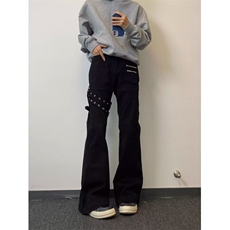黑色vibe绑带微喇牛仔裤男cleanfit美式高街修身裤子LA5466-P53，男装牛仔裤，星座1008